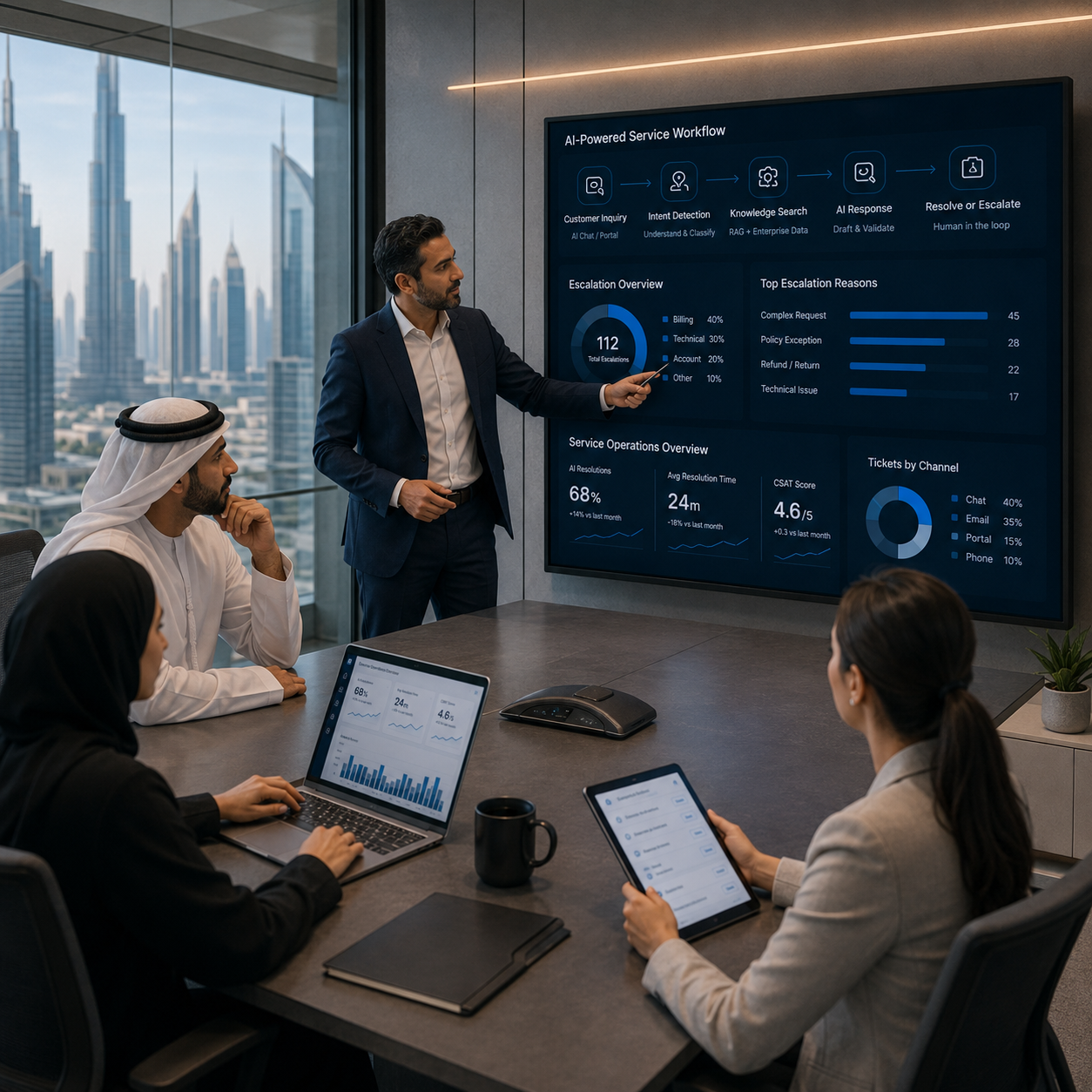 Service operations team managing high-volume requests with AI-assisted handoff