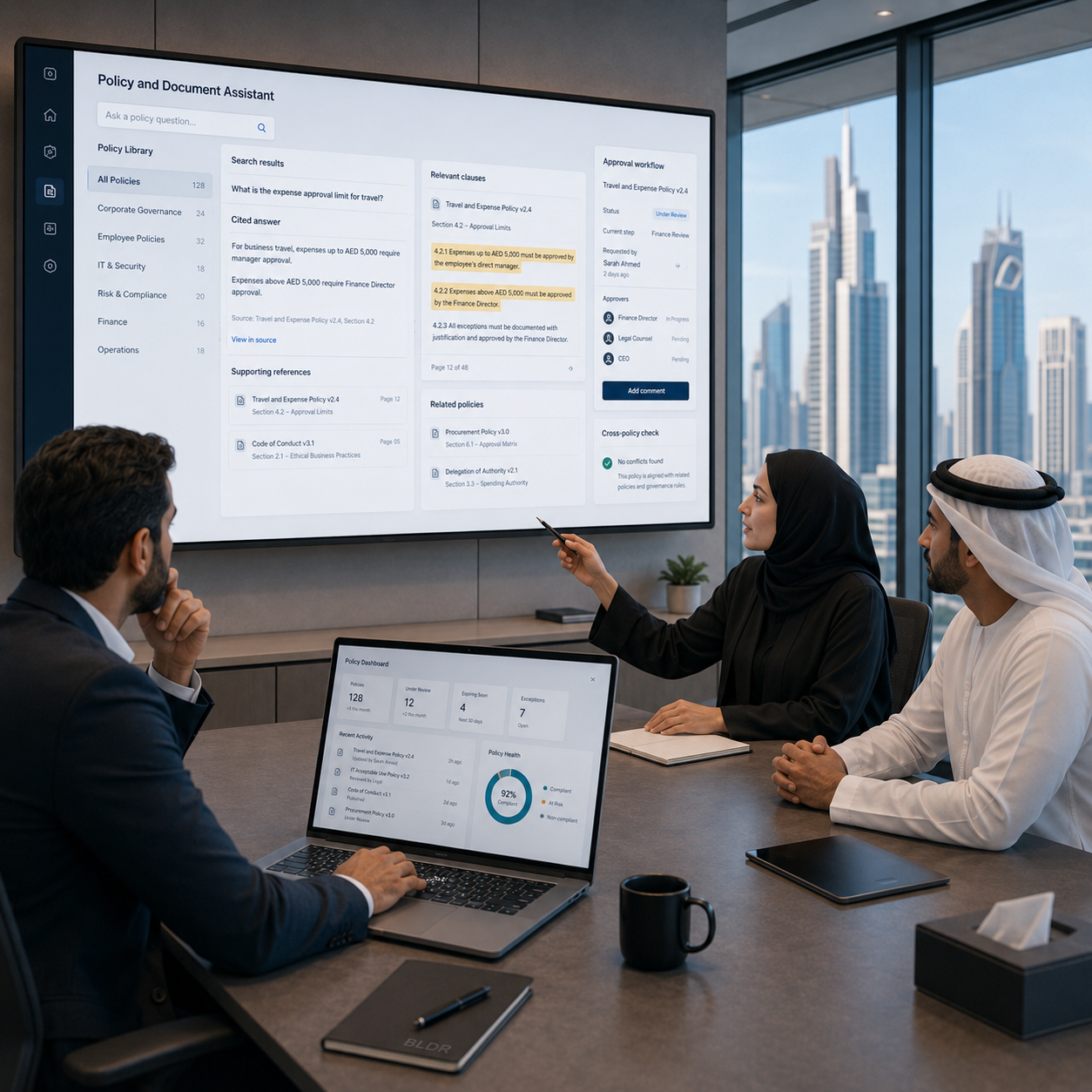 Compliance professionals reviewing policy documents with grounded AI assistance